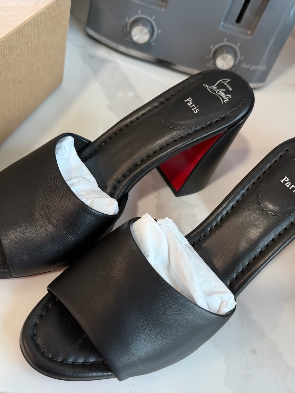 Christian Louboutin Black Leather Open-Toe Block Heel Mules with Red Sole